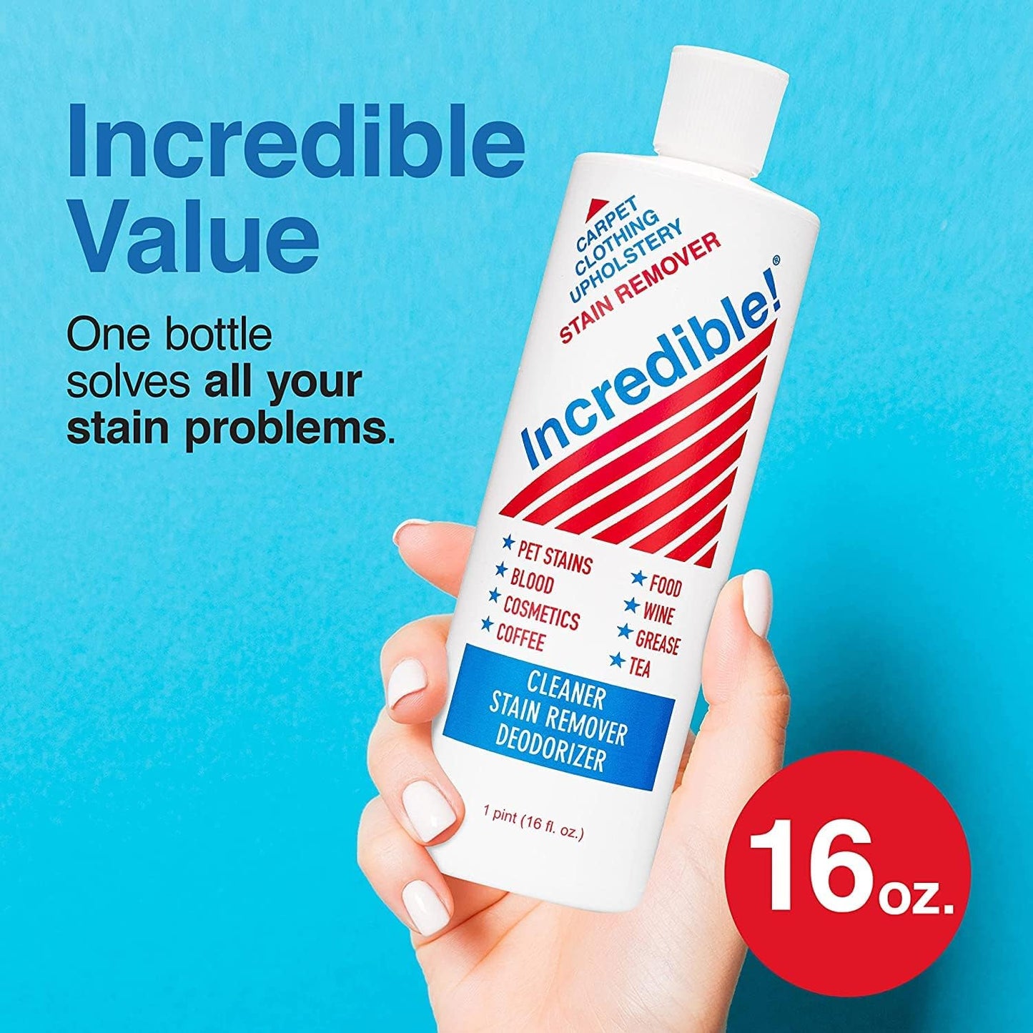 INCREDIBLE! Stain Remover - Instant Spot Remover For New and Old Stains - Blood, Red Wine, Coffee, Urine, Cosmetics, Pet Stains and Odor Eliminator - Carpets, Mattress, Laundry, 16.oz (2 Pack)