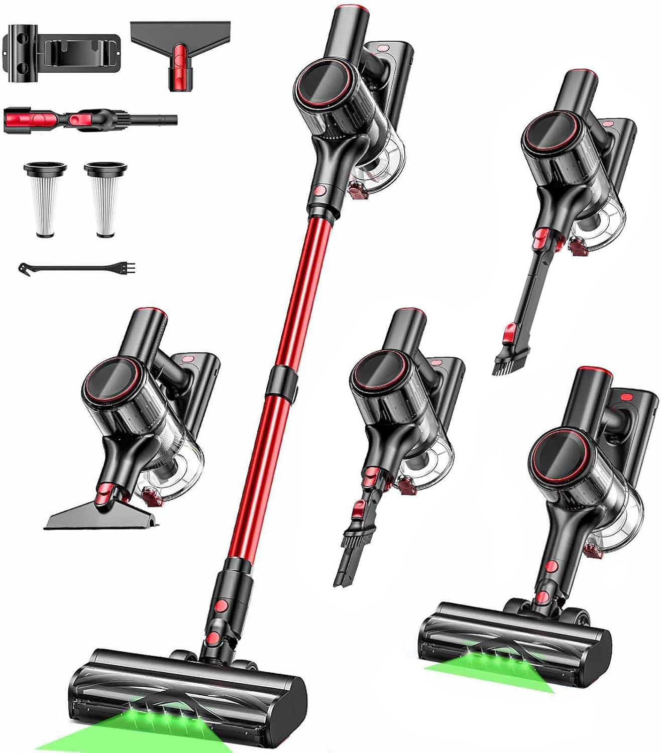 Cordless Vacuum Cleaner, 40KPA 8-in-1 Vacuum Cleaners for Home, 50Mins Runtime, Anti-Tangle Stick Vacuum with LED Display, Rechargeable Lightweight Vacuum for Pet Hair/Carpet/Floor (Red)