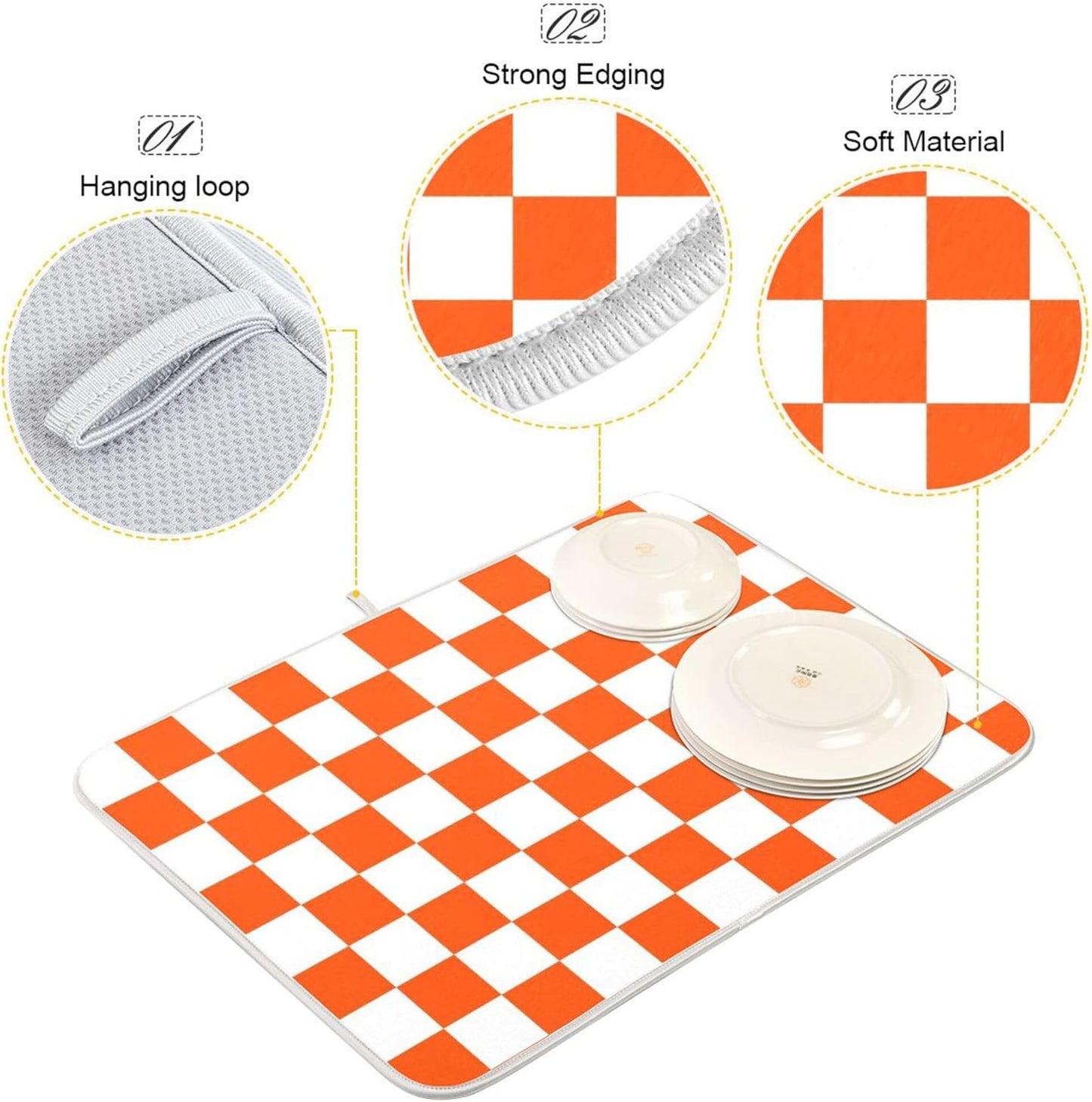 Burnt Orange Chessboard Dish Drying Mat for Kitchen Countertop 18x24 Plaid Checkered Rectangle Large Drying Mat Reusable Quick Dry Dish Sink Absorbent Mats Easy Clean Decorative Home Essentials
