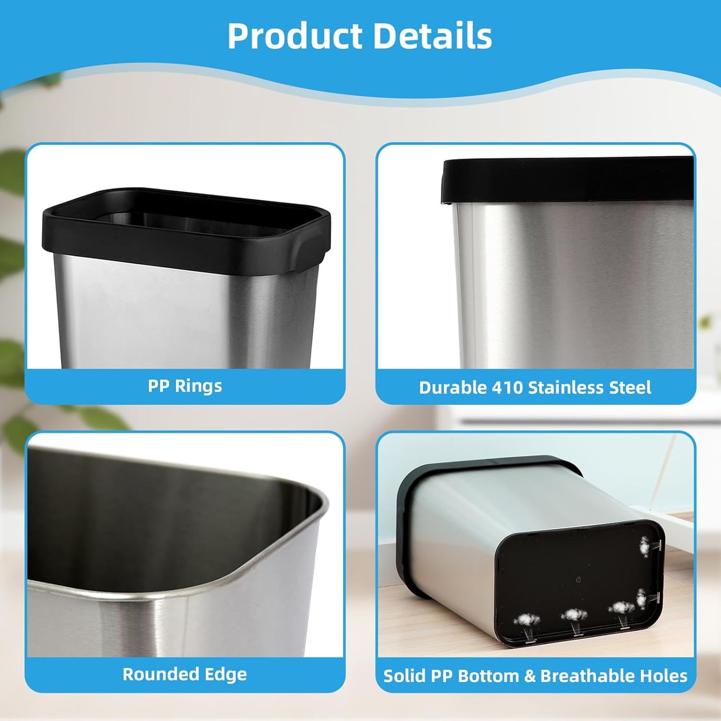 3 Pack Stainless Steel Trash Can 3 Gallon, Open Top Trash Can, 8" x 11" x 13", Rectangle Rubbish Bin, Slim and Narrow, No Lid Small Wastebasketfor Kitchen, Bathroom, Living Room, Office