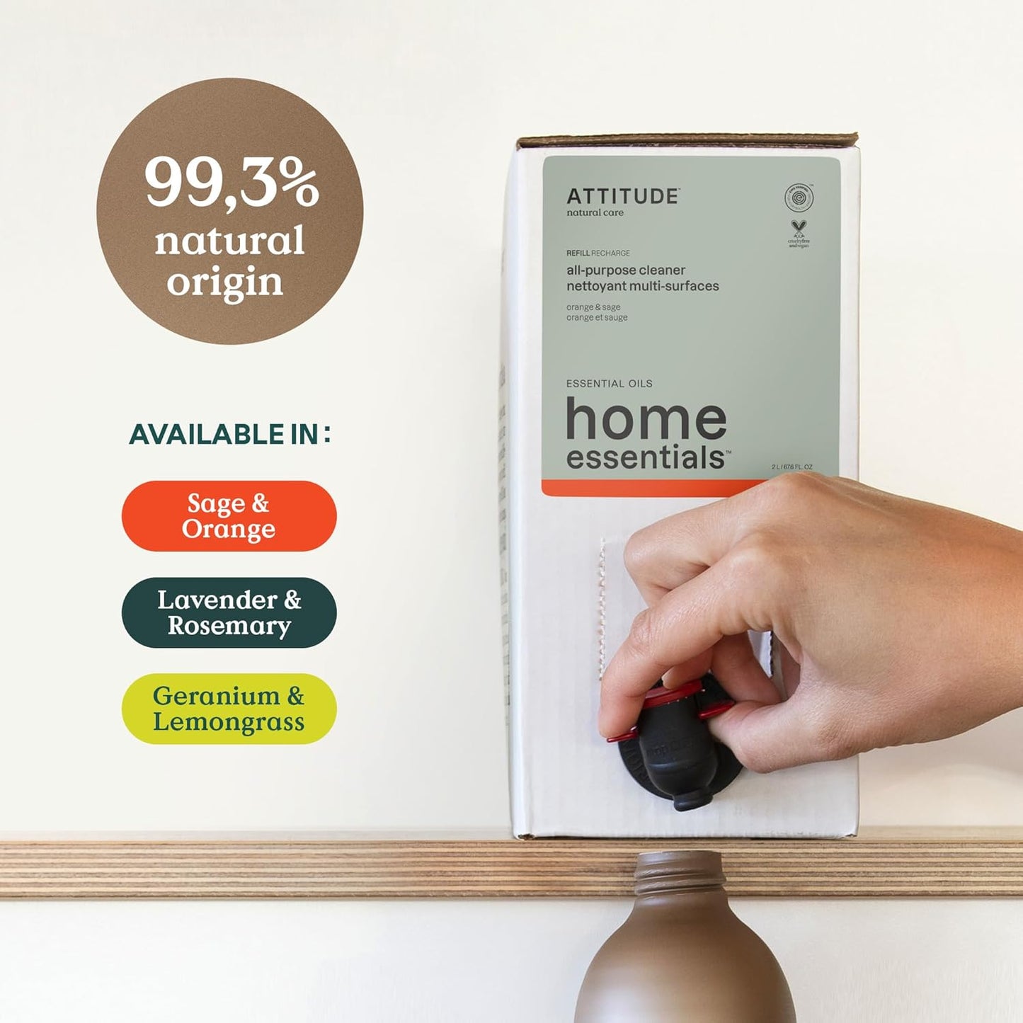 ATTITUDE Multi-Purpose Cleaner with Essential Oils, EWG Verified, Plant and Mineral-Based Ingredients, Vegan Household Products, Bulk Refill, Geranium and Lemongrass, 67.6 Fl Oz (Pack of 4)