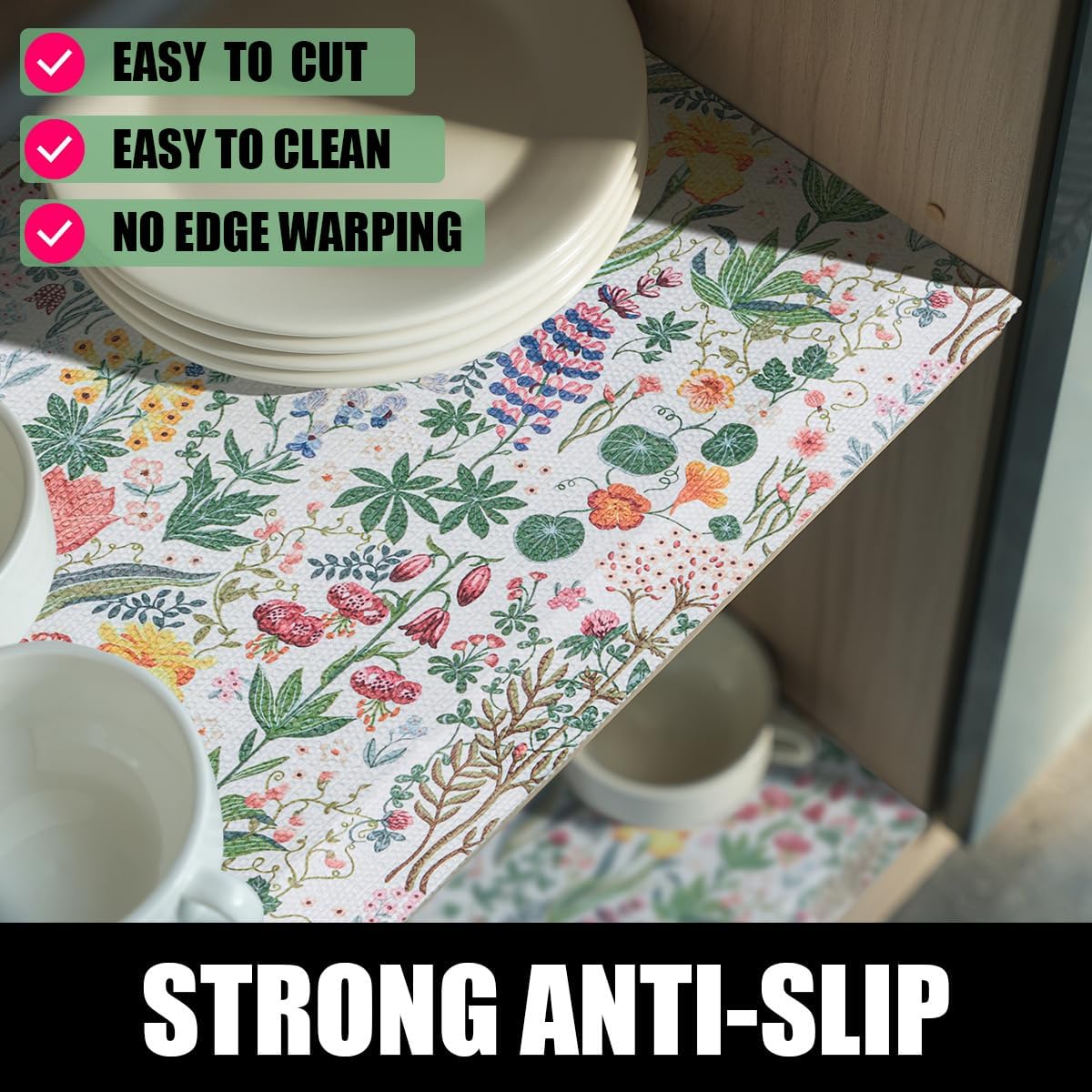 Floral Shelf Drawer Liners, 16IN x 10FT Non Adhesive and Strong Non-Slip Colorful Cabinet Drawer Shelf Liners for Kitchen Wire Fridge, Waterproof Cabinet Liner,Easy to Clean