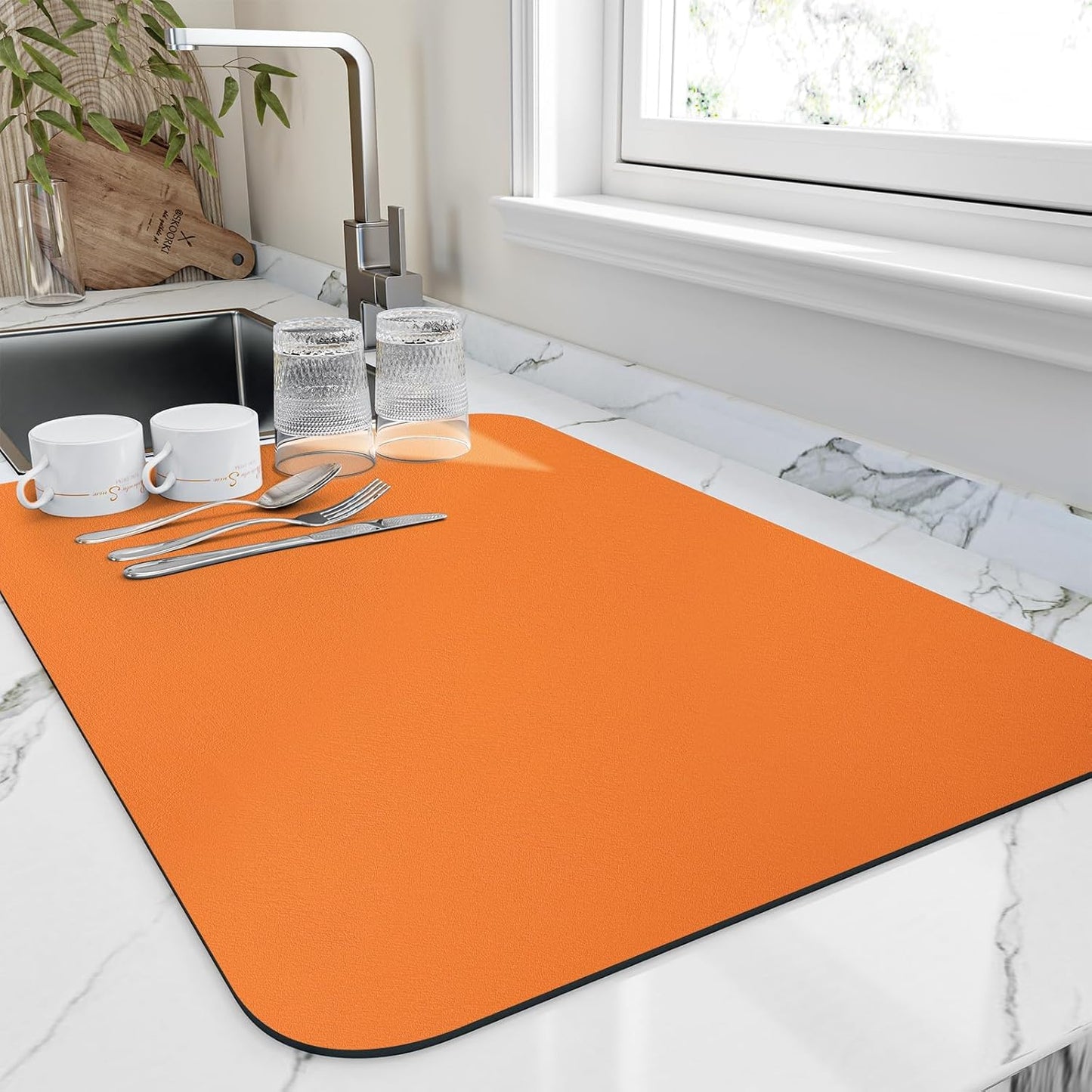 Dish Drying Mat for Kitchen Counter, Heat Resistant Drainer Mats with Non-slip Rubber Backed, Hide Stain Kitchen Super Absorbent Draining Mat, Easy to Clean Dish Rack Pad, Orange 18"x24"