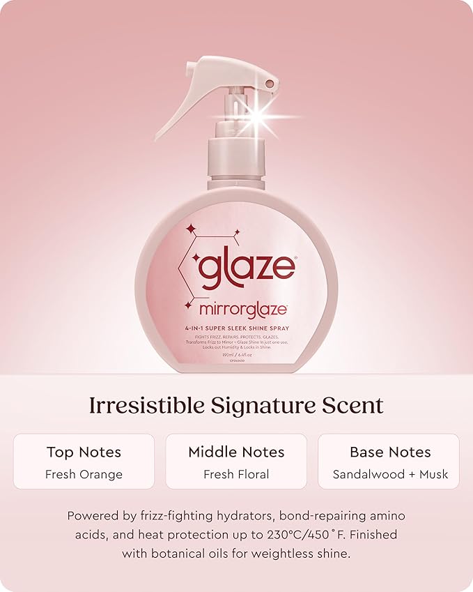 glaze MirrorGlaze Super Sleek Hair Shine Spray – Transforms Frizz to Glass-Like Shine, Protects from Heat, Blocks Humidity + Repairs Bonds – 6.4 oz