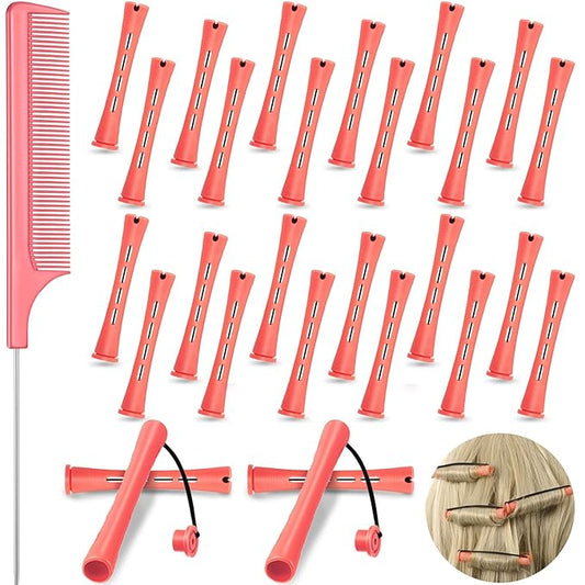 24 Pieces Hair Perm Rods Plastic Cold Wave Perming Curlers Hair Rollers with Steel Pintail Comb Rat Tail Comb Tools for Hairdressing Styling(Pink,0.51 Inches)