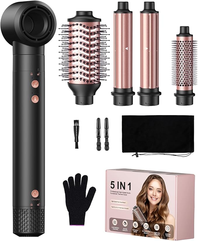 5 in 1 Hair Dryer Brush Blow Dryer, High-Speed Blowout Brush Set with 2 Auto Wrap Curlers for Curling, Straightening, Volumizing, Fast Drying & Frizz-Free Styling for All Hair Types