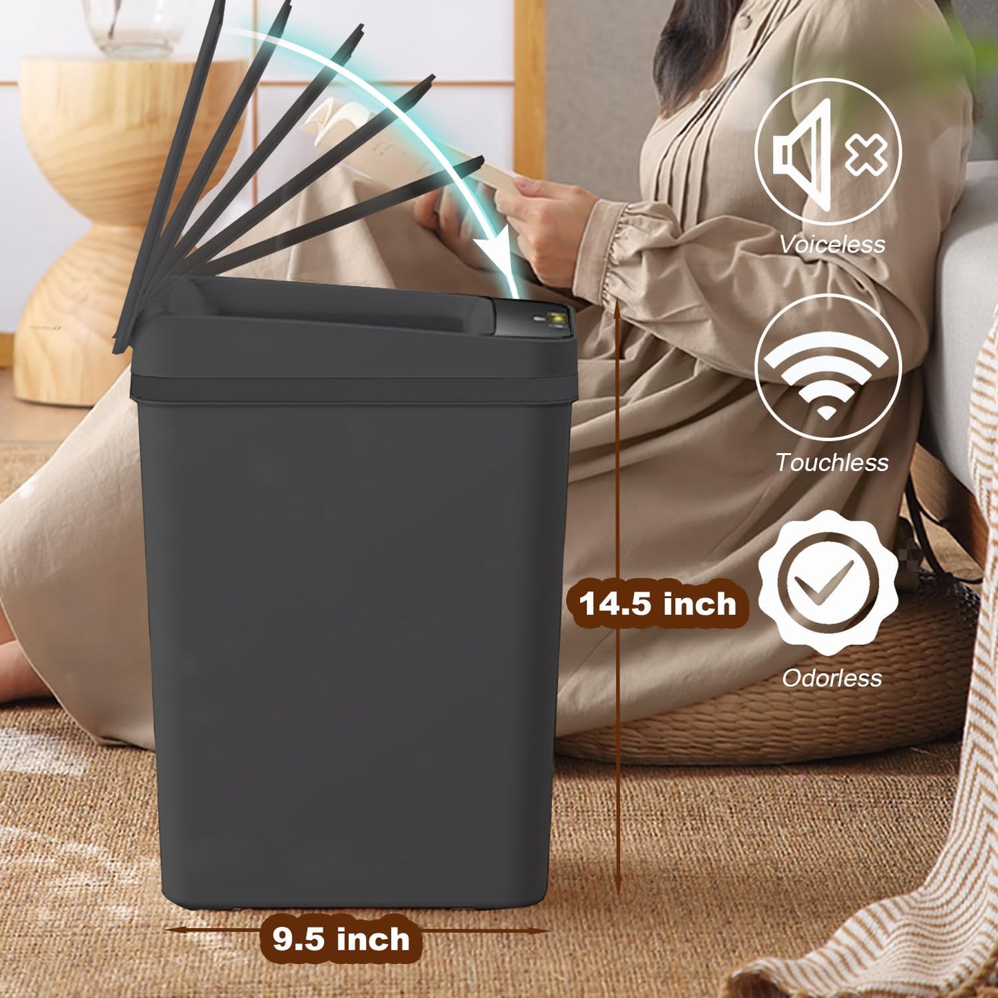 Yatmung 4 Gallons Bathroom Trash Can Automatic Touchless - 15.5 Liters Smart Trash Can Motion Sensor - Narrow, Plastic - Slim Electric Trash Bin - Skinny Garbage Can with Lid (Matte Black)