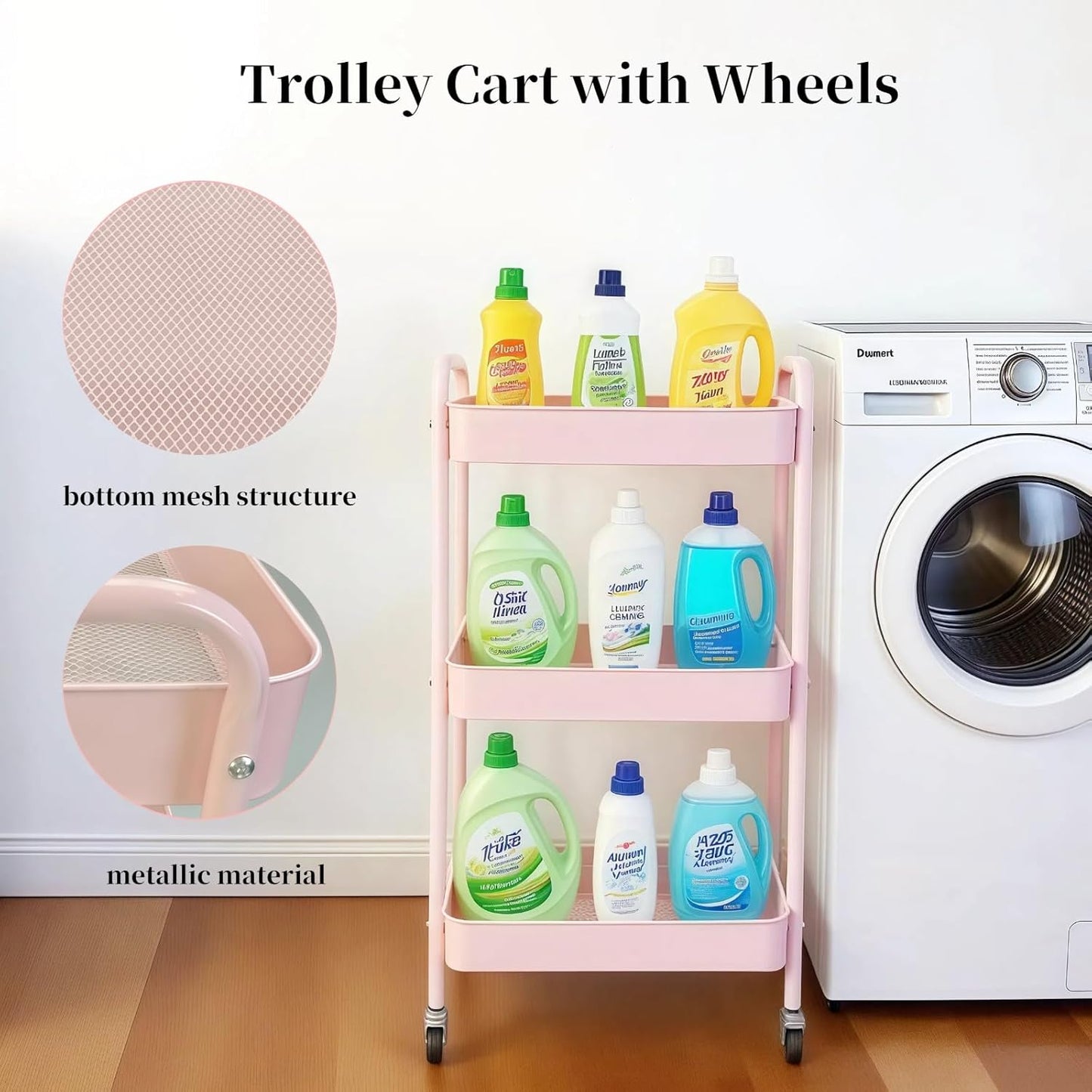 3 Tier Pink Rolling Cart for Nursery & Laundry Room with Handle & 4 Hooks, Metal Kitchen Storage Cart on Wheels and Lockable Casters, Large Capacity Sturdy Trolley for Lash Craft Bathroom