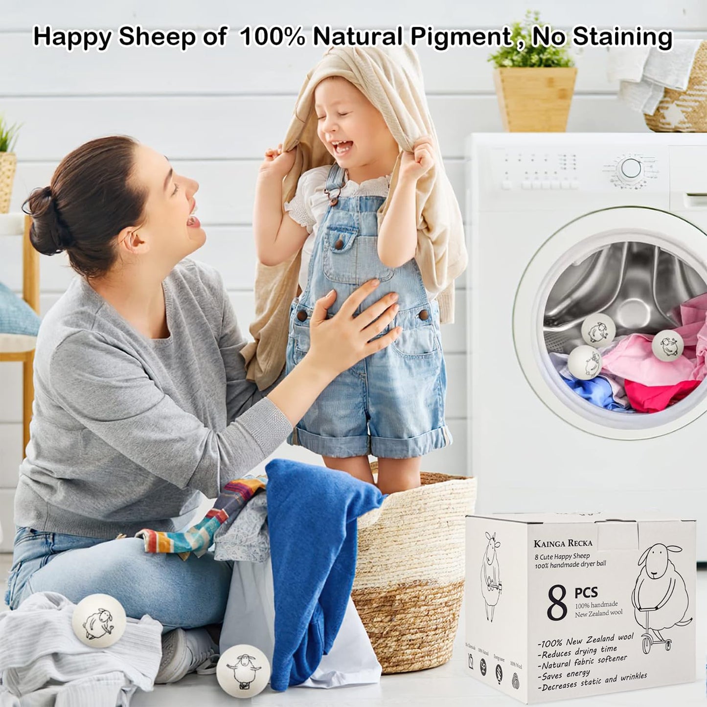 Wool Dryer Balls, 8PCS Dryer Balls with Happy Sheep - Natural & Organic, 100% New Zealand Wool Handmade, Chemical-Free Reusable Laundry Balls, Anti-Static Reduce Wrinkles and Save Time