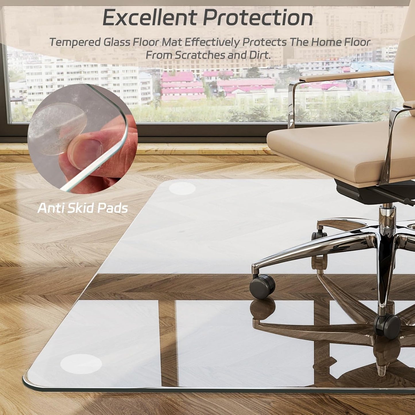 GLSLAND 46"x46" Tempered Glass Chair Mat Square Heavy-Duty Floor Protector for Carpet & Hard Floors Scratch-Resistant Office Computer Desk Mat 1/5" Clear