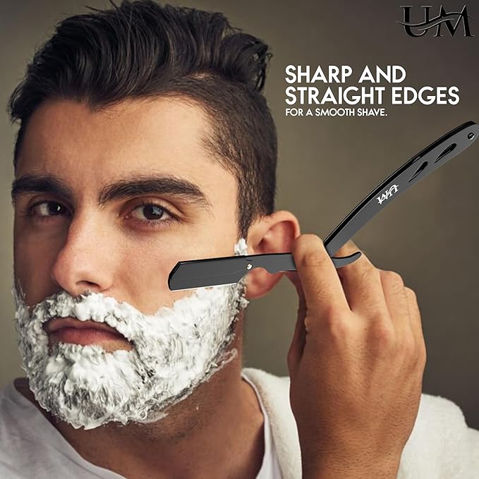 UM Supplies Straight Edge Razor with 20 Replaceable Single Edge Blades kit | Men's Straight Shaving Razors | Navajas para Barbero
