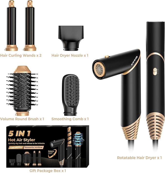 5 in 1 Blow Dryer Brush,Hair Dryer Brush with Detachable Air Styler,Negative Ionic Hair Dryer with Attachments,Hair Dryers for Women Volumizer,Straightener,Drying