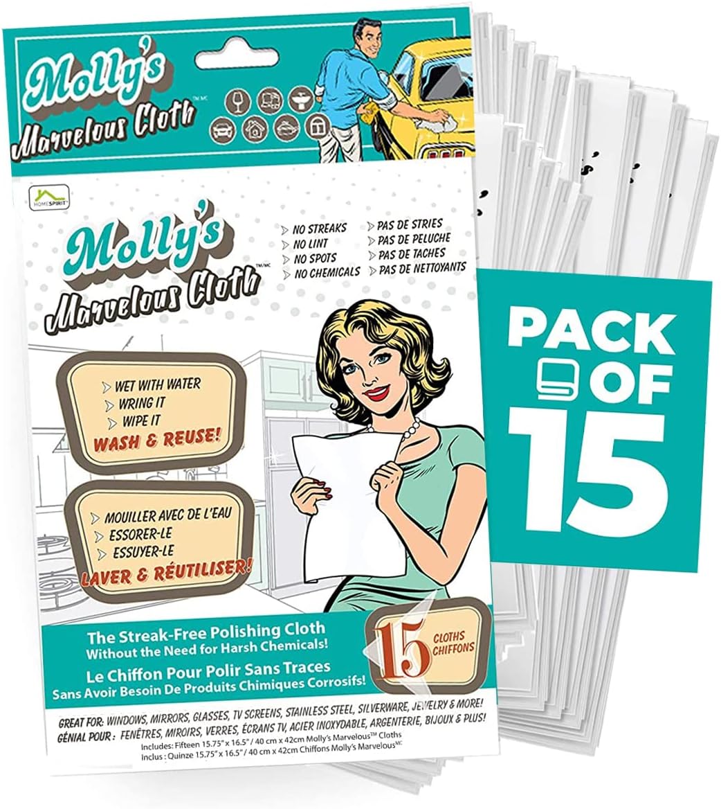 Molly's Marvelous Cloth, Streak-Free, Lint-Free Microfiber Cleaning Cloth, Polishing Cloth for Glass, Stainless Steel, Use for Kitchen, Bath, Cars, Detailing, Reusable (15.75" by 16") (15pk, White)