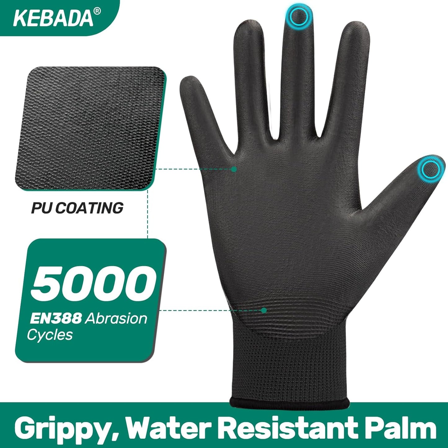 Kebada Safety Work Gloves,120 Pairs Bulk Pack, Touchscreen, PU Coated, Ideal for Warehouse, Construction, Gardening and Mechanics, Black, X-Small