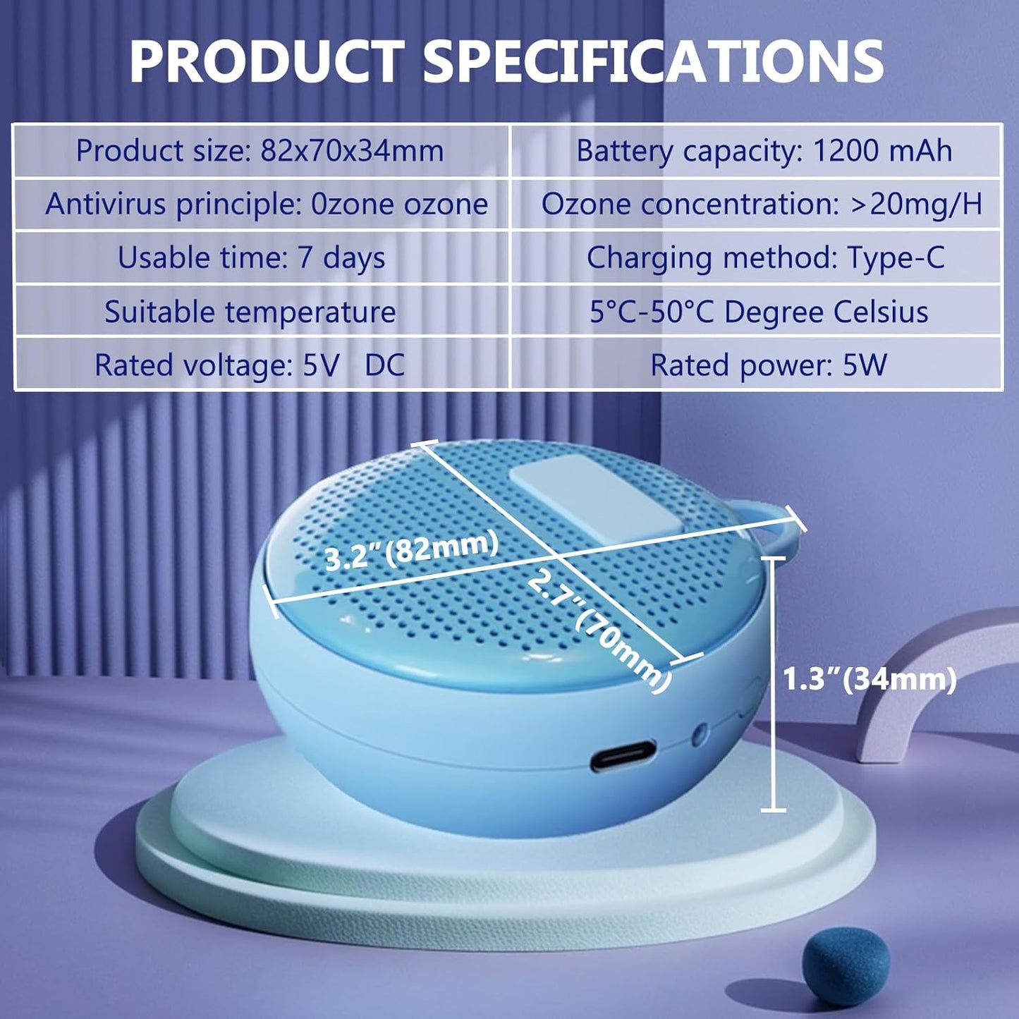 Refrigerator Deodorizer, Fridge Odor Absorber, Mini USB Rechargeable Ozone Odor Eliminator, Reusable for Fridge, Car, Closet, Wardrobe (Blue)