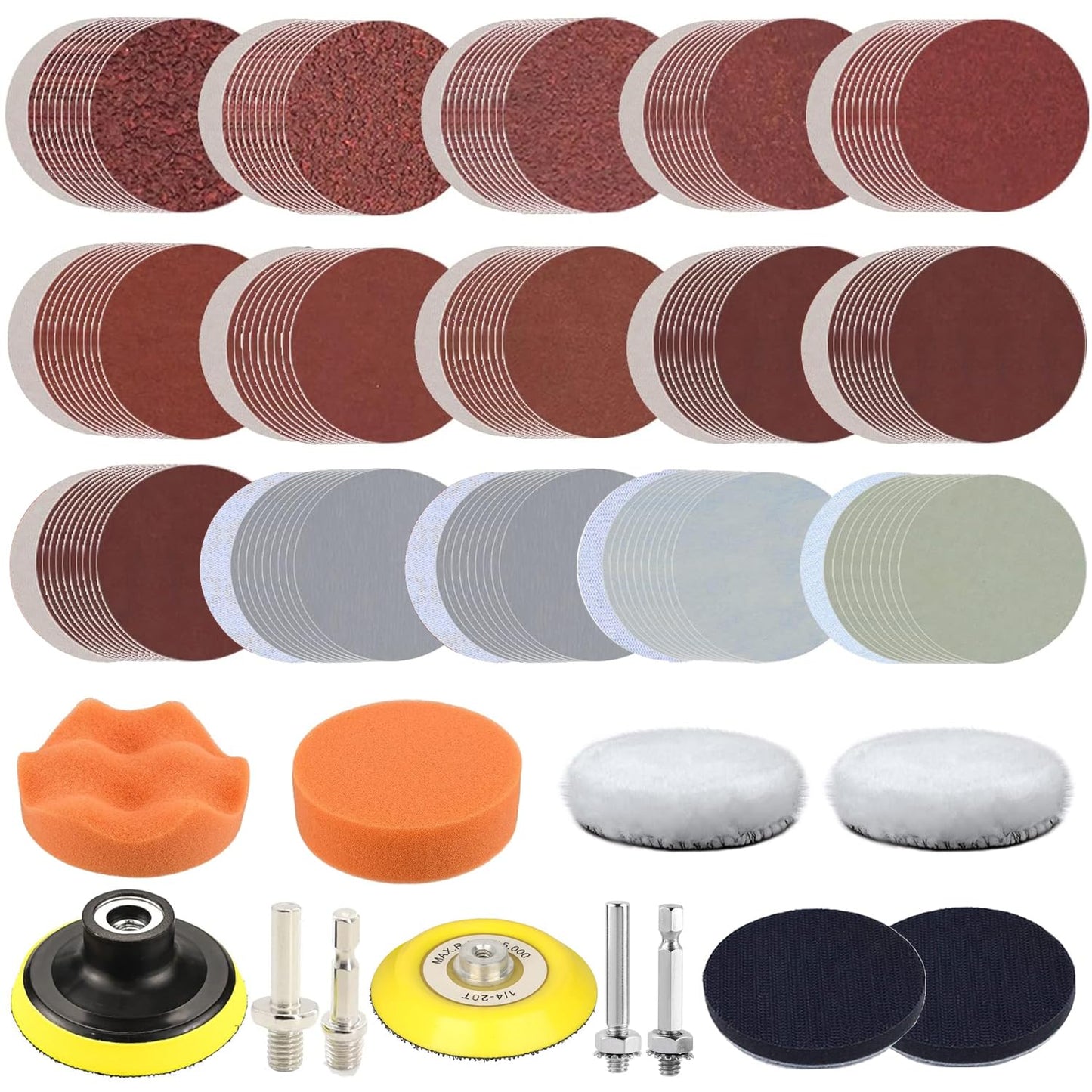 3 Inch Sanding Disc Drill Polishing Kit Sanding Attachment, 150 Pcs Wet Dry Car Headlight Restoration Kit Hook and Loop Sandpaper with 1/4" Shank, Backing Pads, Interface Pads and Polishing Pads