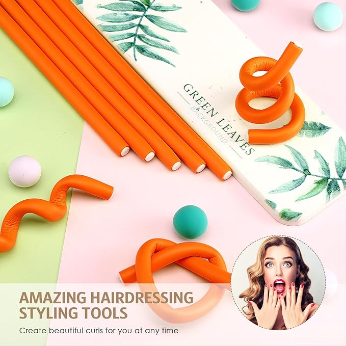 Syhood 30 Pcs 7'' Flexible Curling Rods Twist Foam Hair Rollers Soft Foam No Heat Hair Rods Rollers and 1 Steel Pintail Comb Rat Tail Comb for Women Long Short Hair(Orange,7 x 0.3 Inch)