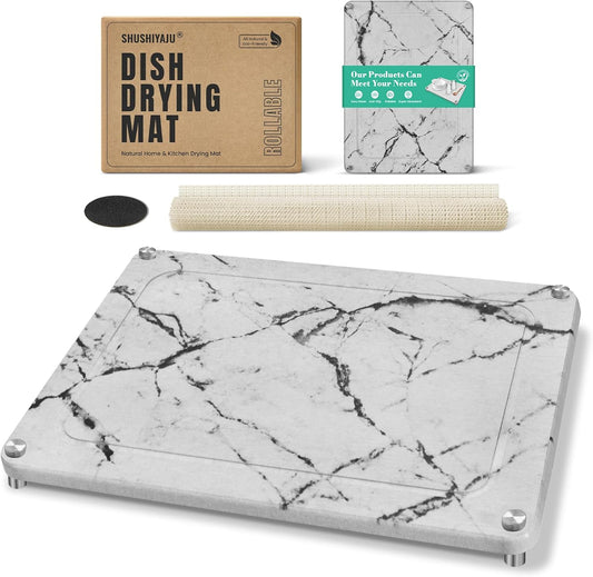 Stone Drying Mat For Kitchen Counter Superb Absorbent Diatomaceous Earth Mats with Non-Slip Feet Quick Dry Stone Dish Drying Pad Dish Pad Multi-Purpose(Marble-LightGray, 15.7" x 11.8")