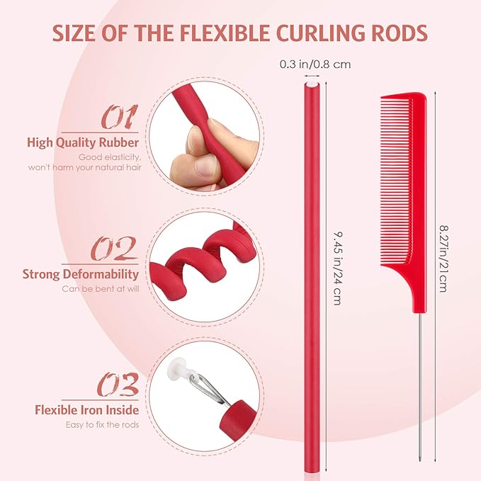 Syhood 30 Pcs Flexible Curling Rods 9.45 Twist Foam Rollers Soft Foam No Heat Hair Rods Rollers and 1 Steel Pintail Comb Rat Tail Comb for Women Long Short Hair(Red,9.45 x 0.3 Inch)