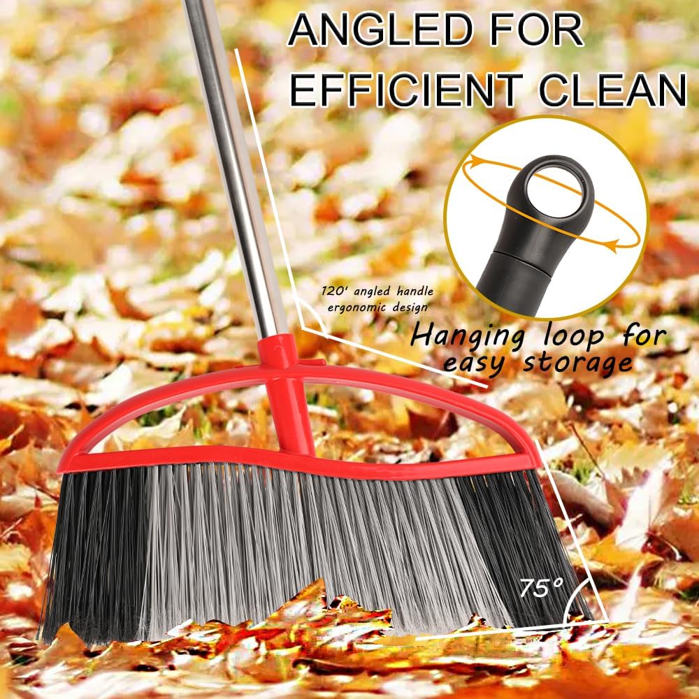 Outdoor Broom, 15.7" Wide Heavy Duty Angle Broom with Long Handle, Stiff Bristles for Sweeping Patio, Garden, Garage, Yard (Red), MULB36