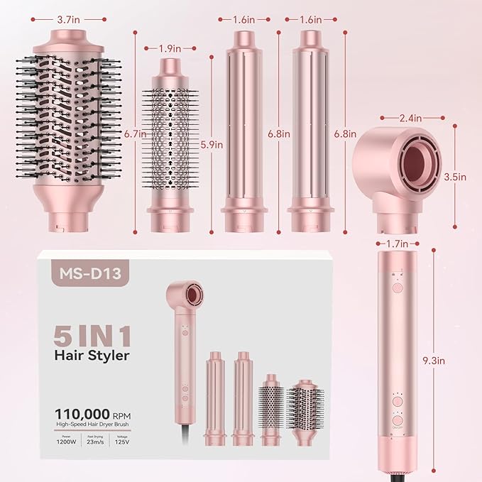 5 in 1 Hot Air Styler, Hair Dryer Brush with Auto Wrap Curling, 110,000 RPM High-Speed Blow Dryer and Air Curler, Frizz-Free Styling for All Hair Types-Straight, Wavy & Curly, No Heat Damage, 1200W