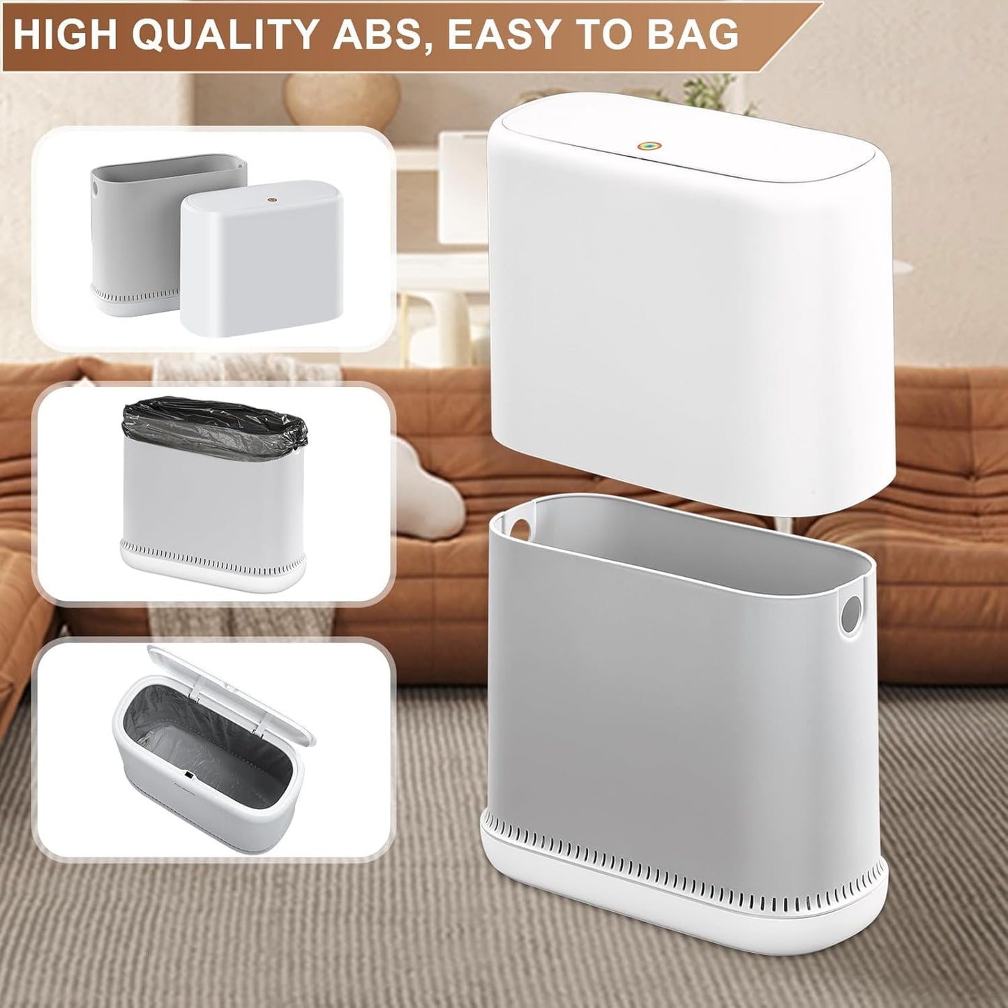 funest Bathroom Trash Cans, Garbage Can with Press Type Lid,10L Dogproof Slim Plastic Narrow Trash Bin