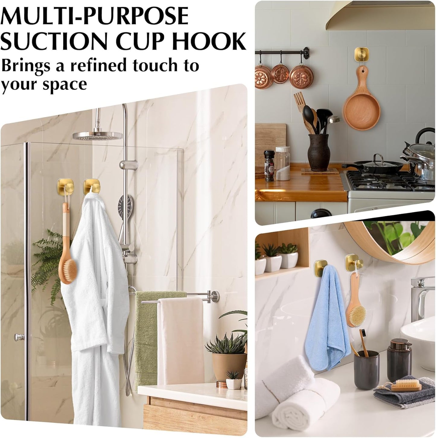 Suction Cup Hooks for Shower - Reusable No-Drill Mounting - Hooks for Towels, Robes & Loofah on Metal, Glass, Mirrors, Tile & Smooth Non-Porous Surfaces (4, Brushed Gold)