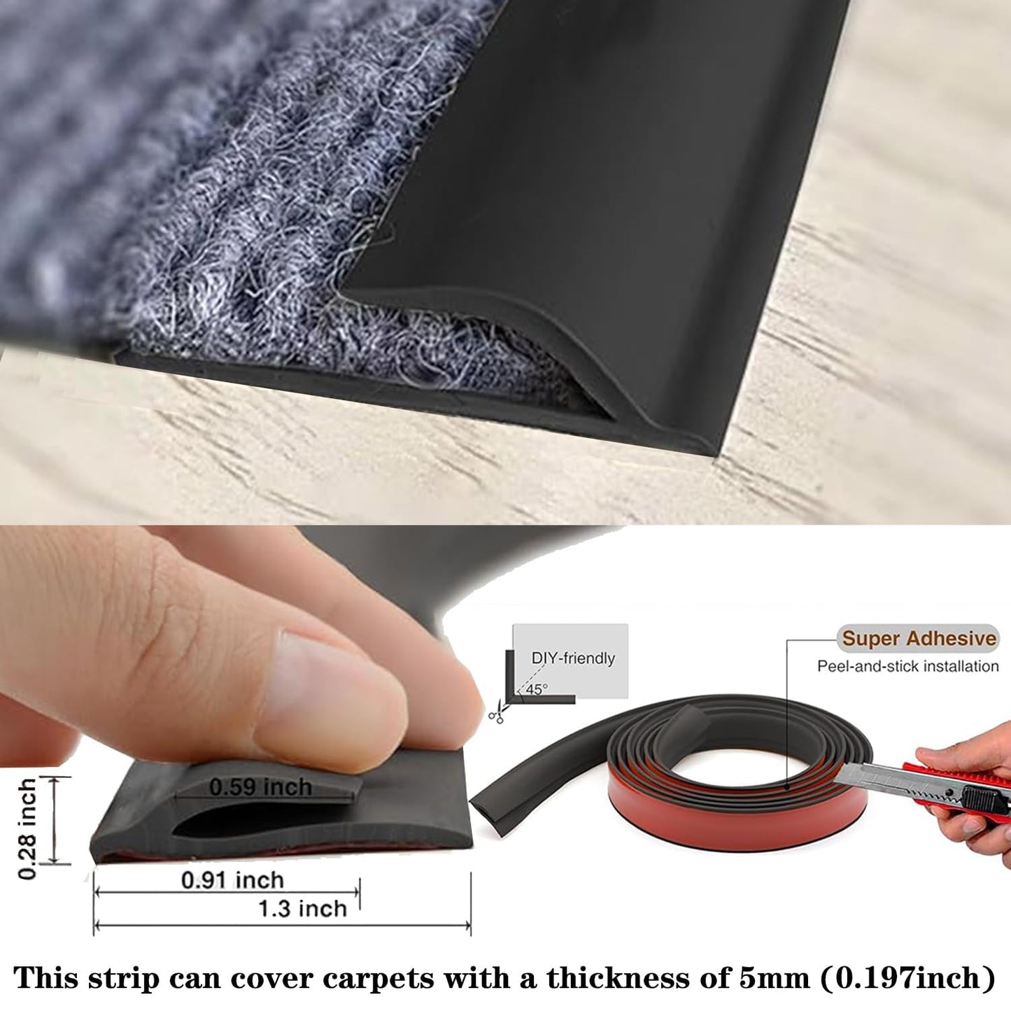 Self Adhesive Carpet Transition Strip with Edge Trim, Designed for Seamless Transitions from Carpet to Tile or Vinyl Floors, Perfect for Doorways.(Gray,36ft)