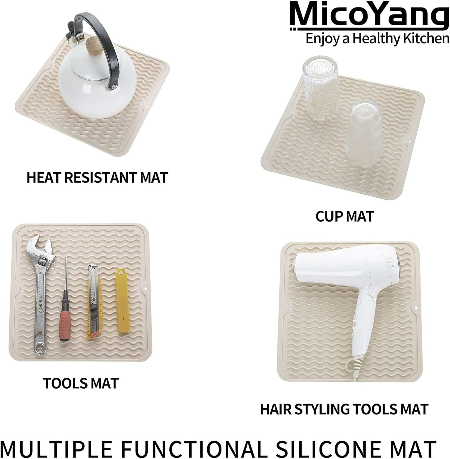 Silicone Dish Drying Mat for Multiple Usage,Easy clean,Eco-friendly,Heat-resistant Silicone Mat for Kitchen Counter or Sink,Refrigerator or Drawer liner Tapioca M 12 inches x 12 inches