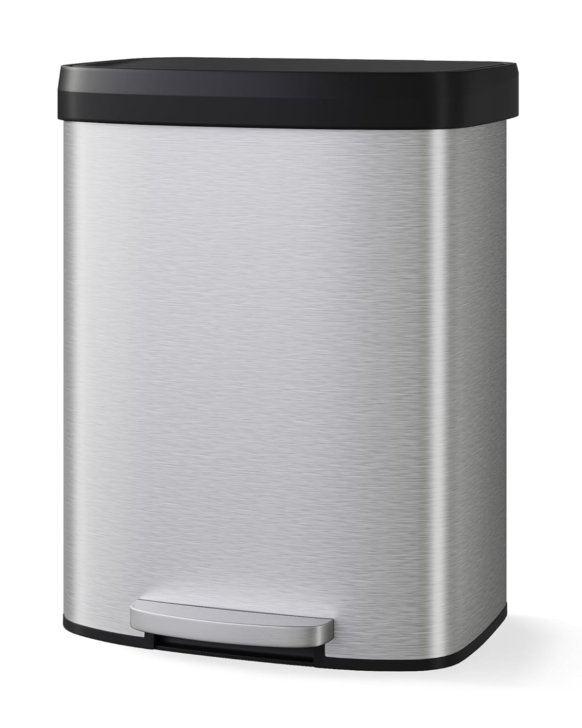 16 Gallon (60 l) Trash Can, Stainless Steel Kitchen Garbage Can, Recycling or Waste Bin with Liner Rim, Rear Handle, Soft Close Plastic Lid Step-on Pedal, Removable Inner Bucket