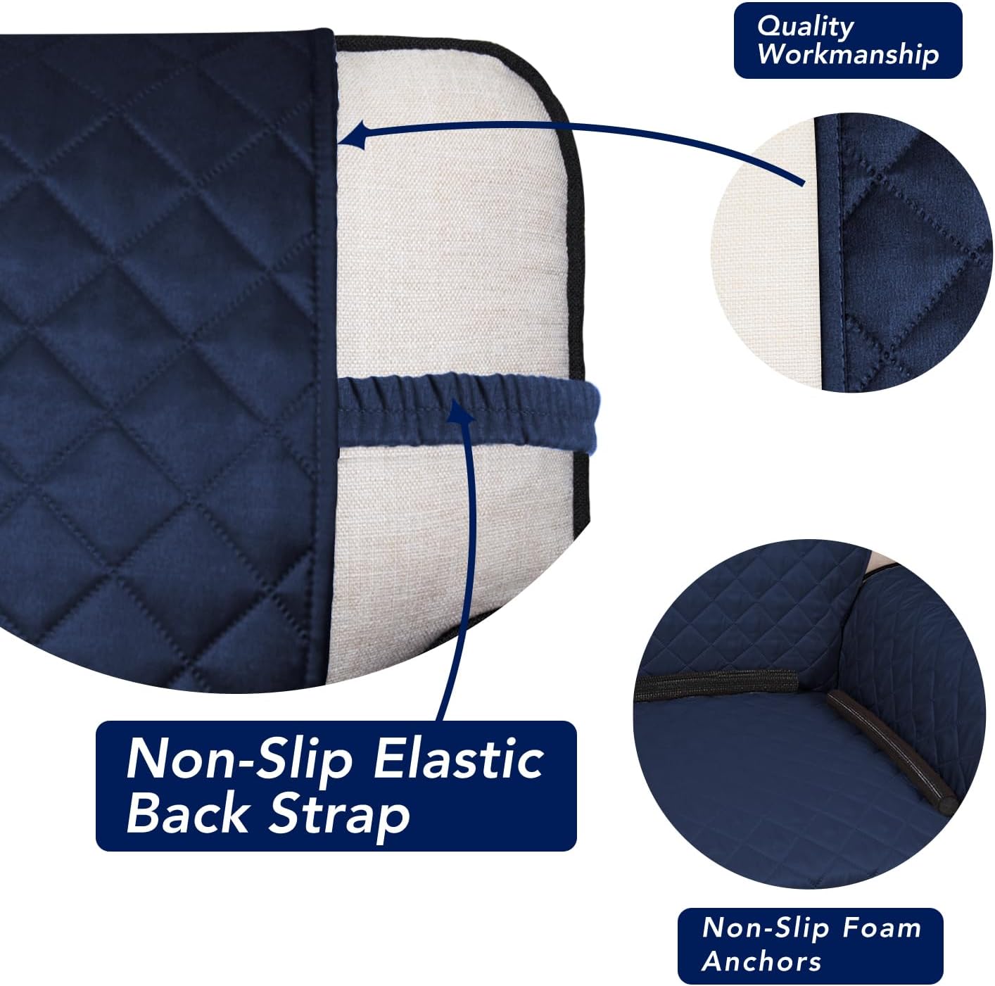 PureFit Reversible Quilted Sofa Cover, Water Resistant Slipcover Furniture Protector, Washable Couch Cover with Non Slip and Elastic Straps for Kids, Dogs, Pets (Oversized Loveseat, Navy/Ivory)