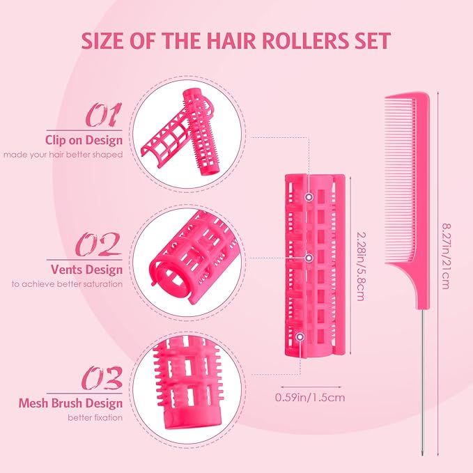 Syhood 24 Pcs Snap Hair Roller, Small Plastic Rollers Curlers with Rat Tail Comb for Long Short Hair Styling Tool(0.59 x 2.28 Inch,Pink)