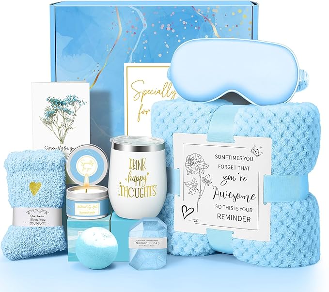 Happy Birthday Gifts for Women Mom Her Friend Sister Wife Grandma, Self Care Gifts Get Well Gifts Unique Relaxing Spa Gift Basket Set, Christmas Gifts for Women Mom Grandma (Blue)