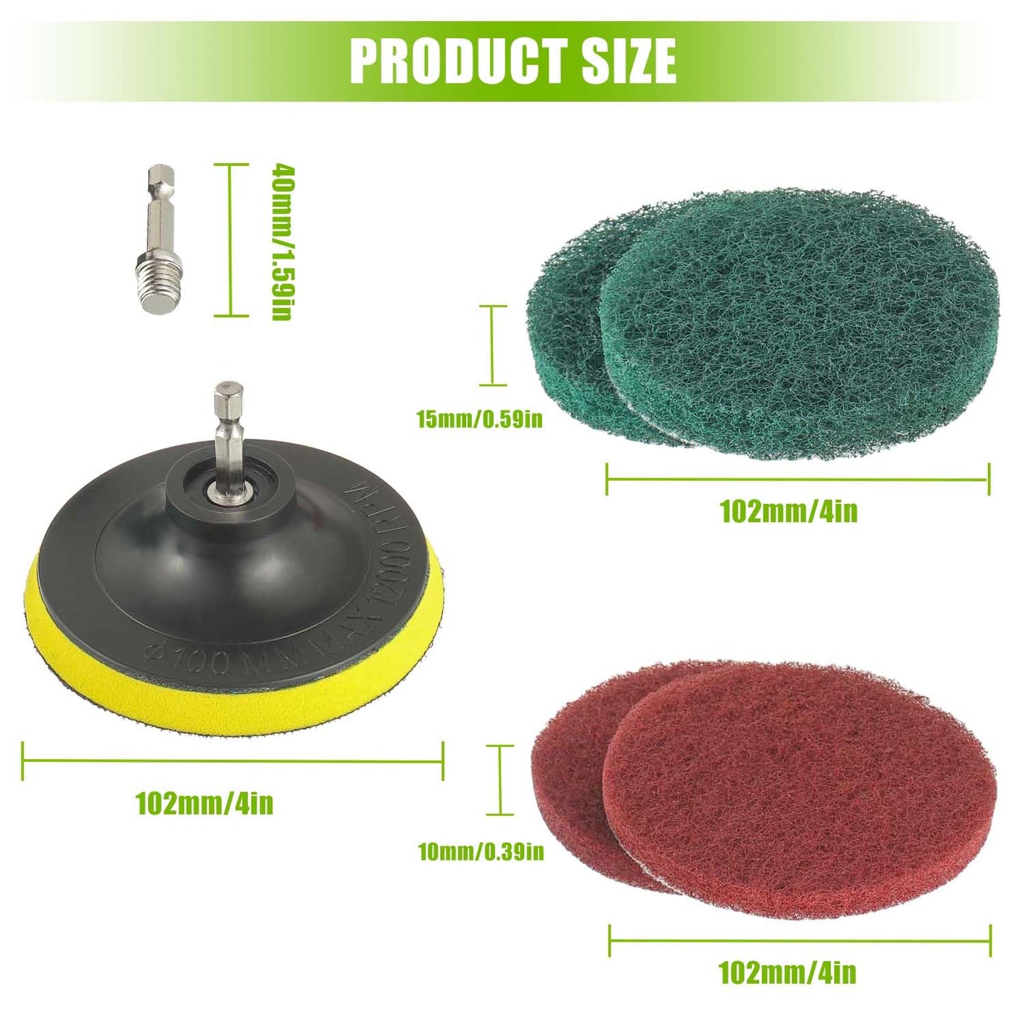 4 Inch Scrub Drill Brush Power Scouring Pads Household Cleaning Set for Kitchen Bathroom 4 Red Pads 4 Green Pads 1 Drill Attachment and 1 Universal Shaft