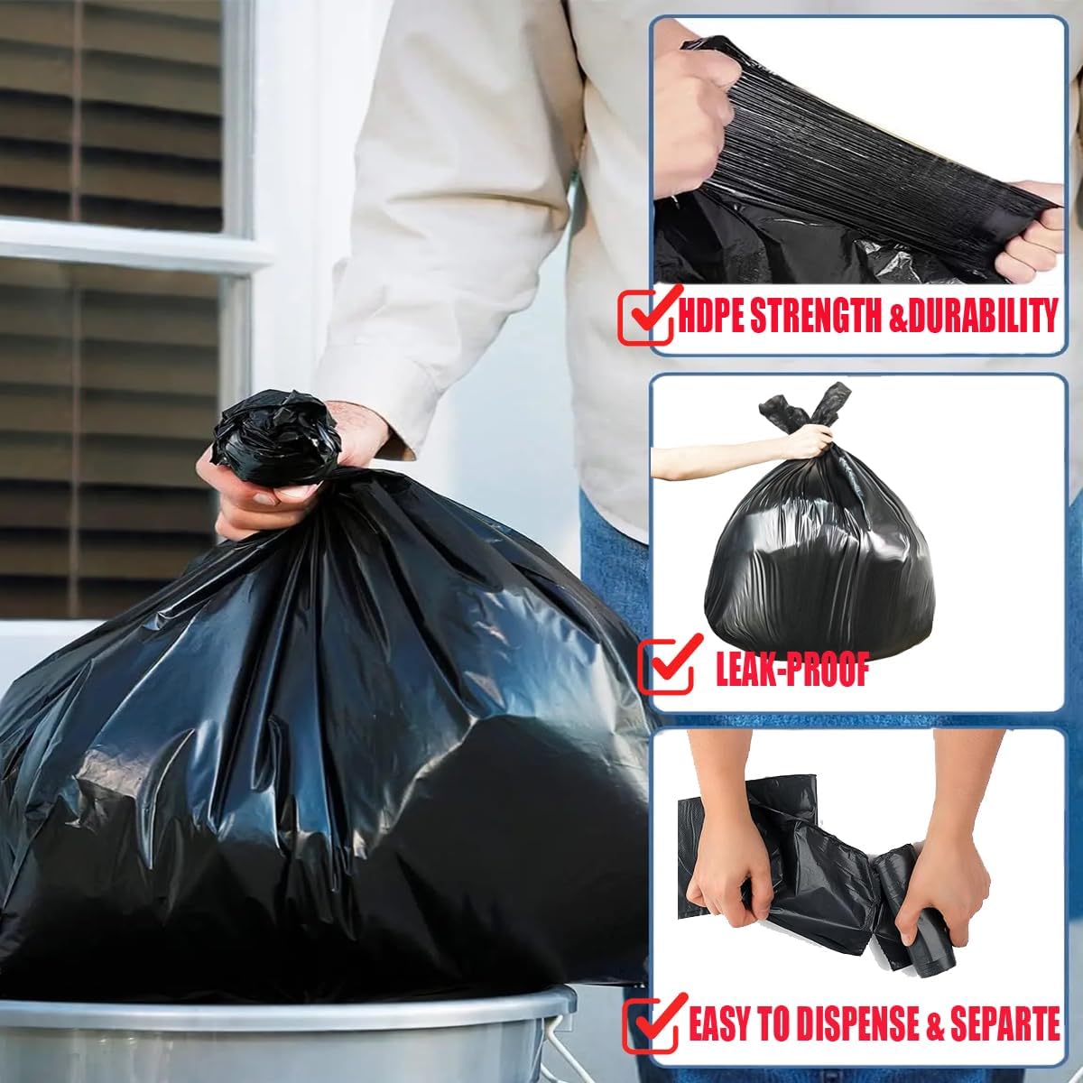 8-10 Gallon Trash Bags, 150 Count Black Garbage bags, Multi-purpose Trash Can Bin Liners for Bathroom, Office, Industrial, Commercial, Janitorial, Municipal, Recycling