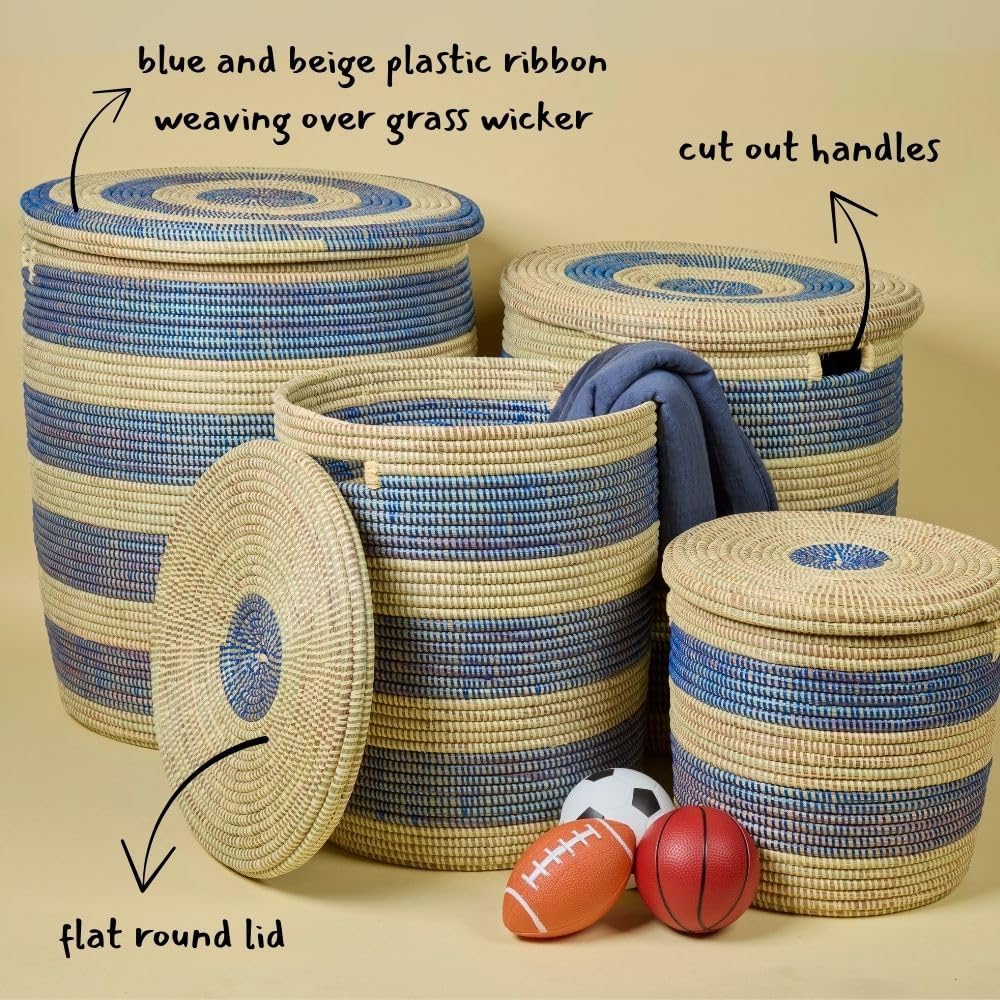 Storage & Organization - Laundry Basket, Bedroom Hamper, Nursery Toys Bin, Living Room Blankets Storage, Decorative, Wicker, Sturdy, Round, Handles, Woven, Blue Beige (Medium)