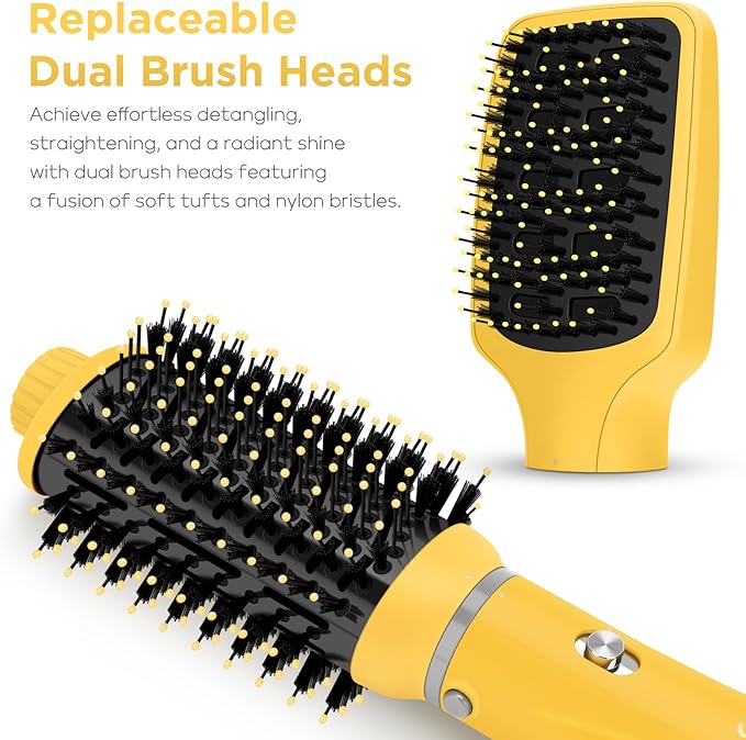 IG INGLAM Hair Dryer Brush, 4-in-1 Detachable Blow Dryer Brush, Ionic Diffuser Hair Dryer & Styler Volumizer with Oval Titanium Barrel, One-Step Hot Air Blowout Styler, Yellow