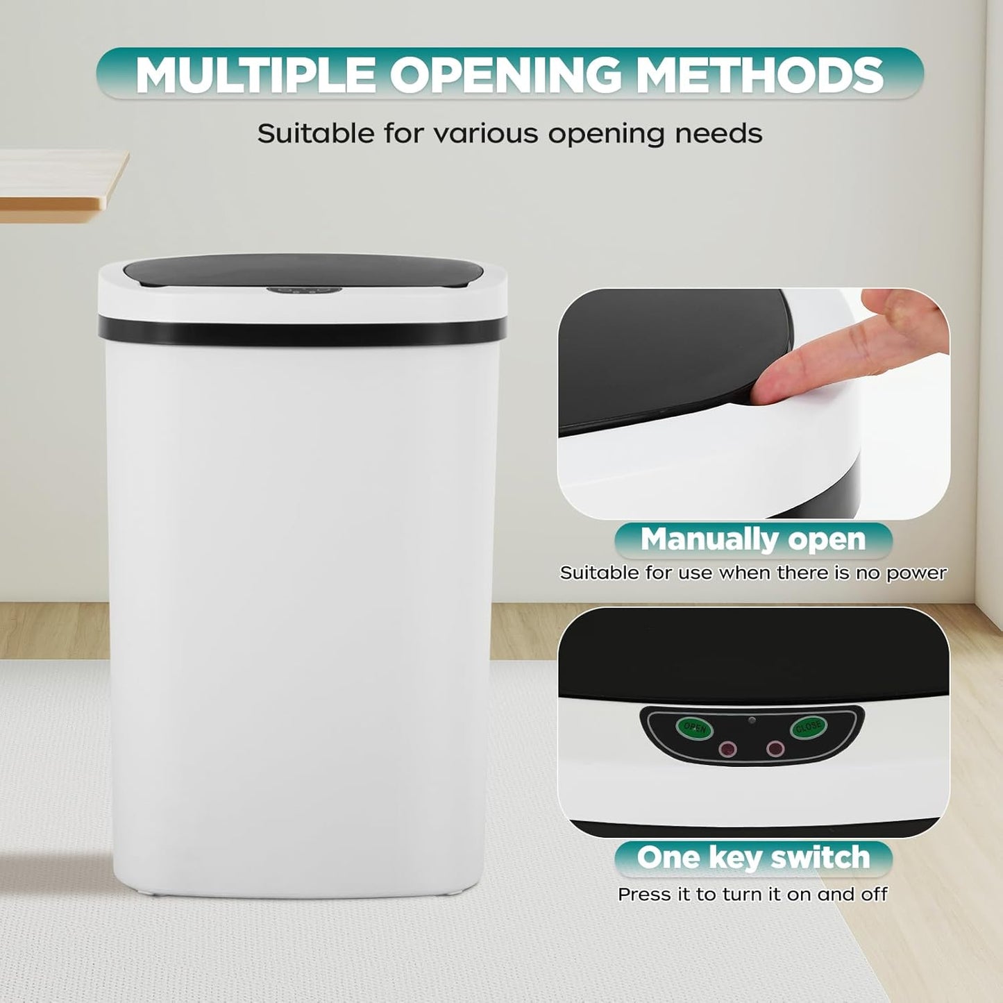 Automatic Motion Sensor Bathroom Trash Can with Lid, 13 Gallon Touchless Trash Bin, Smart Dog Proof Garbage Can, Touch Free Waste Basket for Toilet, Office, Bedroom,White