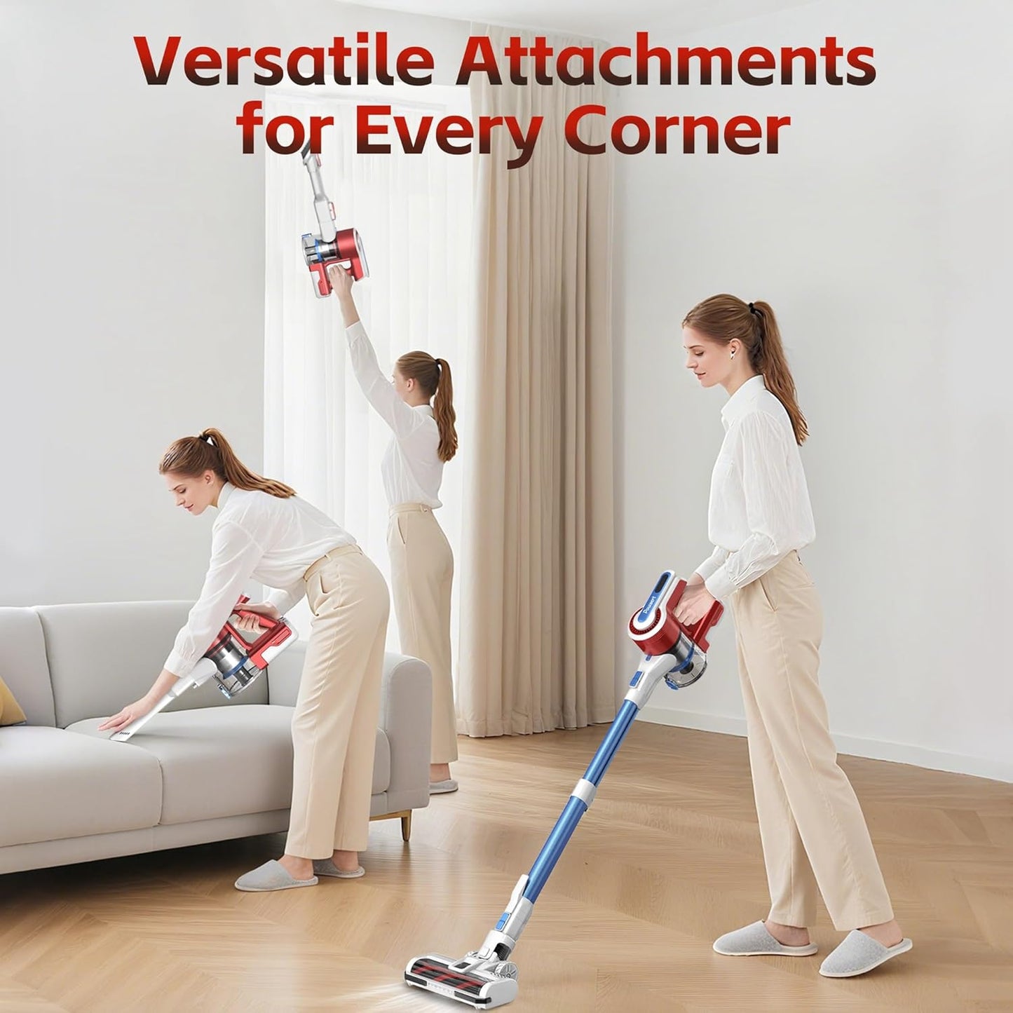 Cordless Vacuum Cleaner for Home, 45Kpa Lightweight Stick Vacuum with Powerful Suction, Rechargeable Battery Up to 50mins, Handheld Vacuum Cleaners for Hardwood Floors, Carpets, Pet Hair - Red