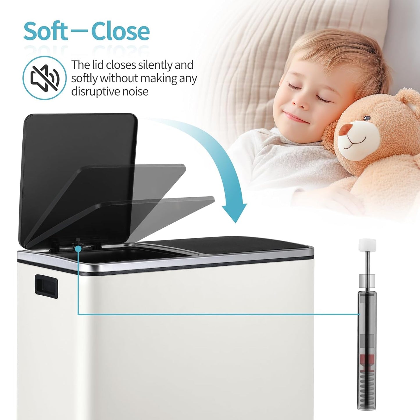 16 Gallon Rectangular Stainless Steel Trash Can, Dual Compartment Garbage Bin with Recycling Combo, Metal Dustbin Lid, Removable Liner, Indoor Hands Free Waste Bucket for Kitchen Home