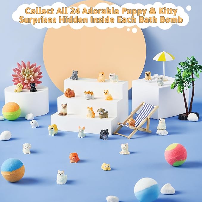 Bath Bombs for Kids with Surprise Inside, 24 Pack Kids BathBombs with Puppy & Cat Toys, Child-Safe Natural Bath Bombs with Toys Inside for Girls and Boys, Birthday Party Favors