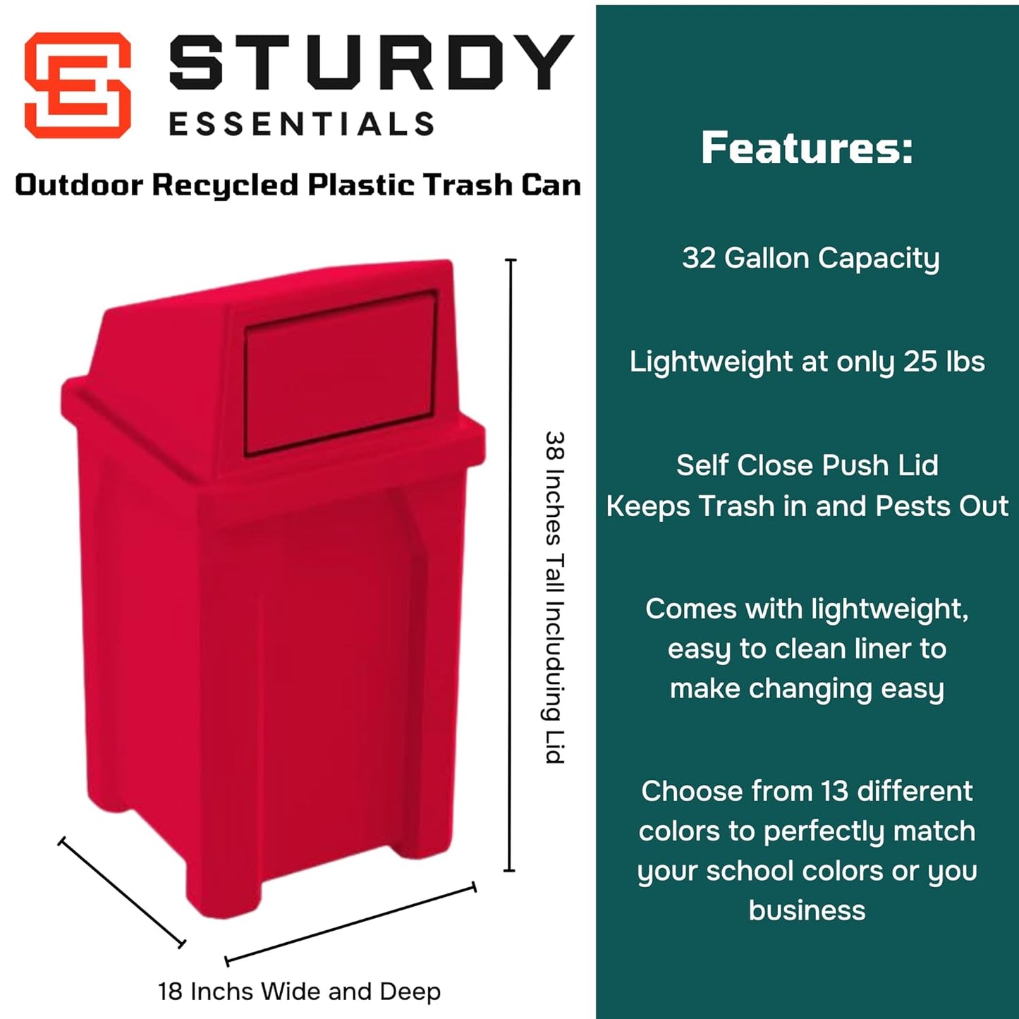 32 Gallon Square 100% Recycled Plastic Heavy Duty Outdoor Trash Can with Push Lid - Great for Schools and Businesses - Red