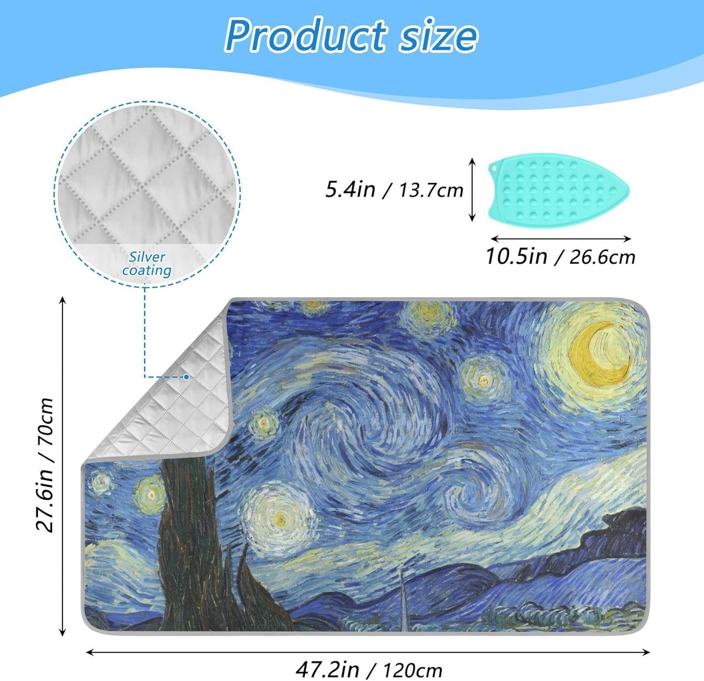 Ironing Mat Thickened Ironing Blanket Travel Portable Double-Side Using Ironing Pad Travel Isolate Heat Pad Cover for Washer Dryer Table Top Countertop (27.6x47.2in) Vangogh Starry Night