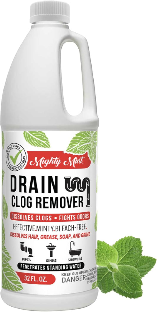 Mighty Mint Drain Clog Remover, Safe for Pipes and Septic, Dissolves Hair & Grease, Clears Blocked Drains and Deodorizes, Natural Mint Scent, 32oz