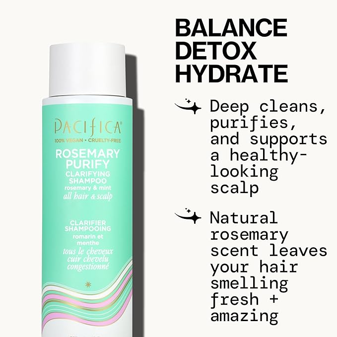 Pacifica Clarifying Shampoo – Rosemary Purify Invigorating Shampoo w/Soothing Mint for Detoxing Hair & Scalp Build-Up, Sulfate & Silicone Free - Vegan & Cruelty-Free Dermatologist Tested