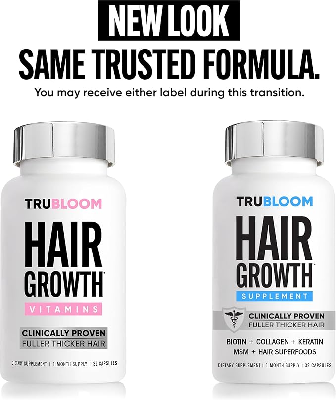 Tru Bloom Hair Growth Vitamins - 1 Month Supply. Clinically Proven to Grow Fuller, Thicker Hair. Drug-Free with Biotin, Collagen, Keratin, MSM, Zinc, D3 + Hair Superfoods