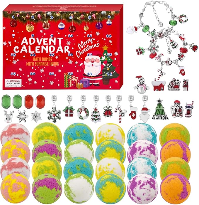 Advent Calendar 2025, 24 Piece Christmas Bath Bombs for Kids, 24 Days of Surprise Bath Bombs for Kids with Christmas Themed Jewelrys Inside