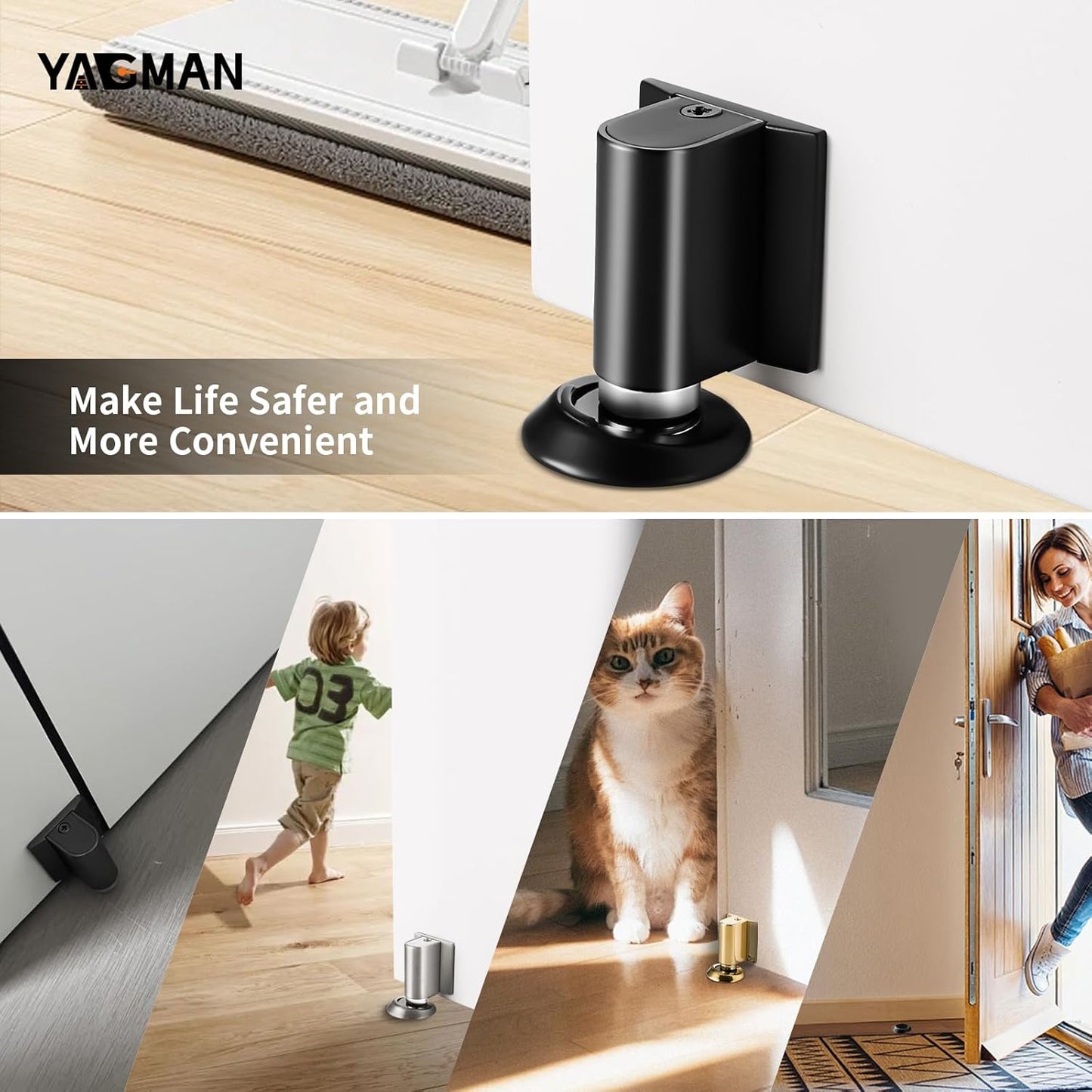 2 Pack Magnetic Door Stoppers Retractable Bottom of Door Holder No Drilling Mount Heavy Duty Floor Door Stop with Screws and Adhesive Catch Door Keep Door Open Matte Black MB-2