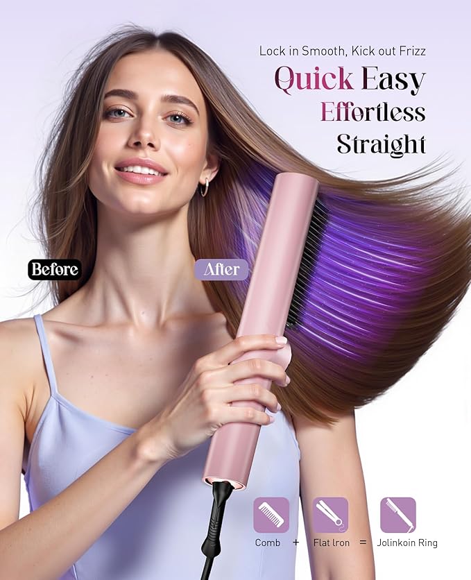 Hair Straightener Brush: 3-in-1 Curling & Straightening Comb with Dual Voltage, Hot Comb with Ionic Coating, Pink
