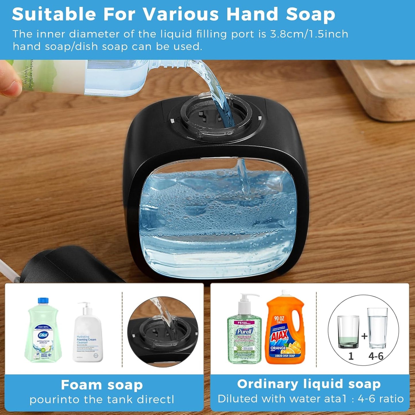 Automatic Foaming Soap Dispenser, 17oz/500ml Touchless Rechargeable with 4-Level Adjustable & IPX5 Waterproof - Level Display for Wall/Tabletop Use in Bathroom, Kitchen, Black